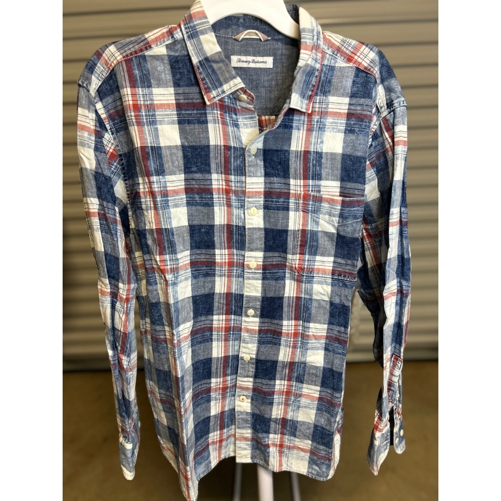 Tommy Bahama Button Down Mens XL Blue Plaid Long Sleeve Cotton Shirt Casual